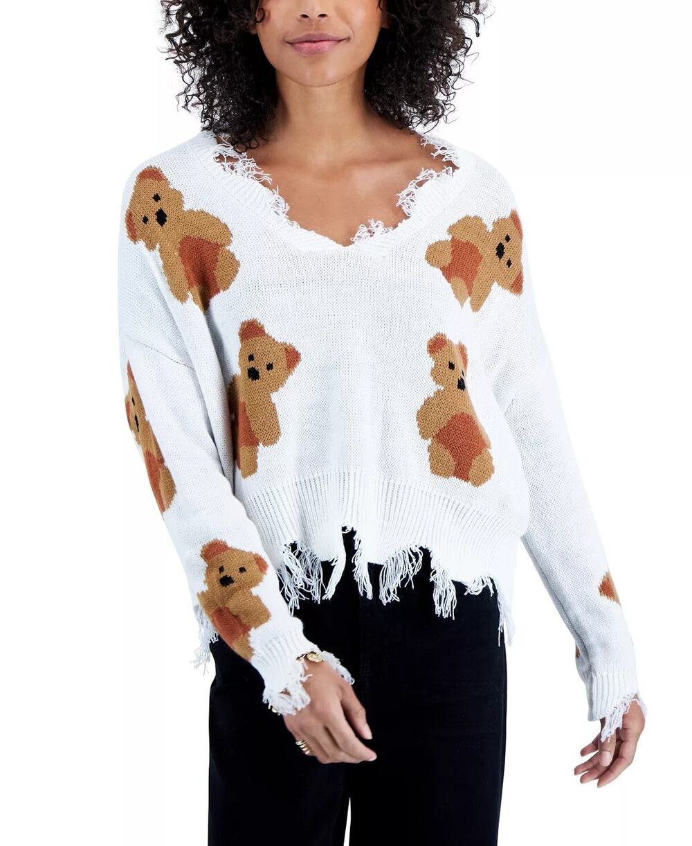 Just Polly Frayed Teddy Bear Print Cropped Distressed Sweater Size M